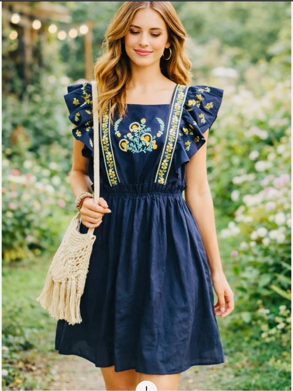 Boho dress. Navy Poplin Mini Dress W/ Embroider Detail & Ruffle Sleeves.